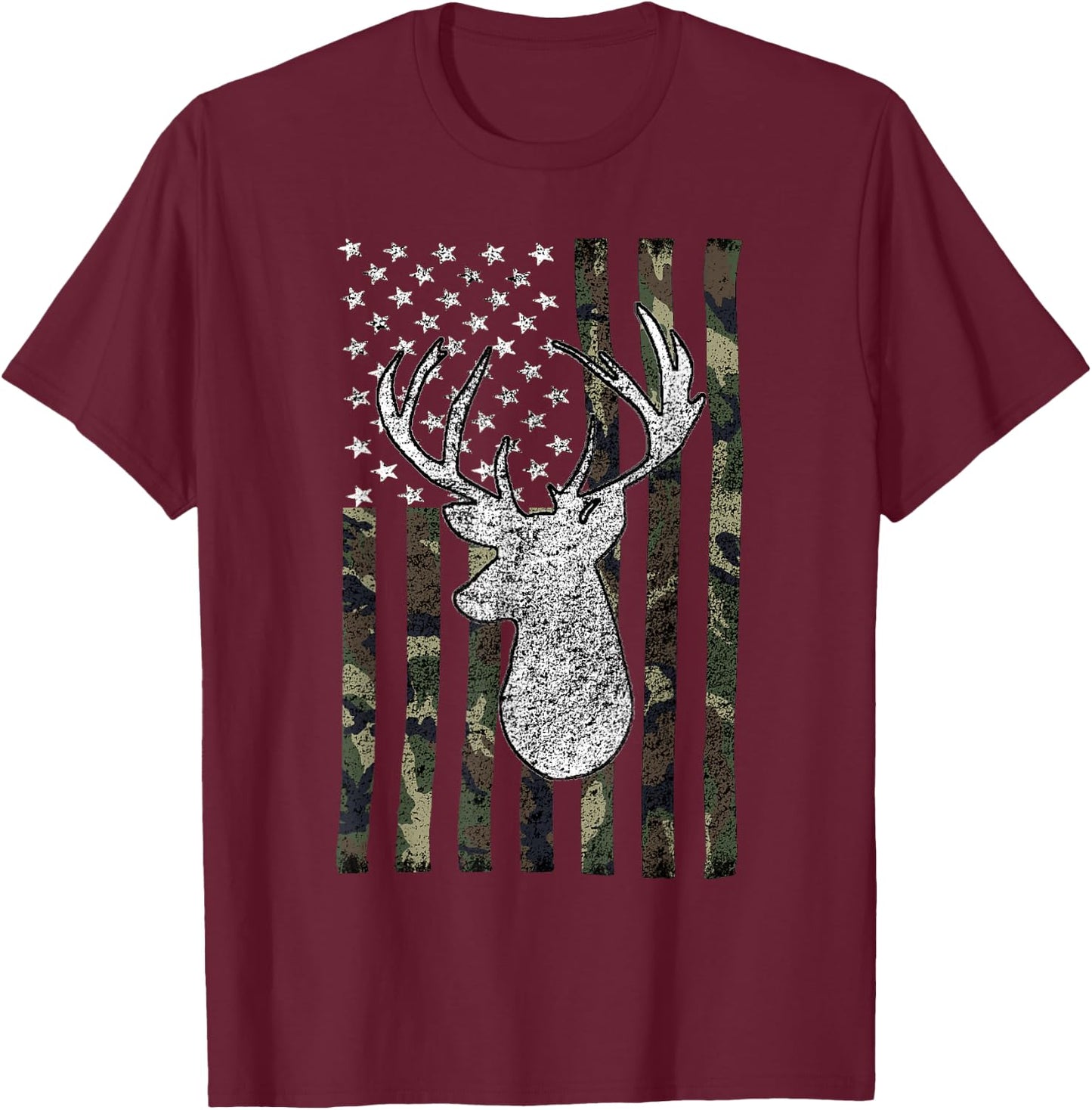 Whitetail Buck Deer Hunting American Camouflage USA Flag Short Sleeve T-Shirt - T-Shirt | Maroon