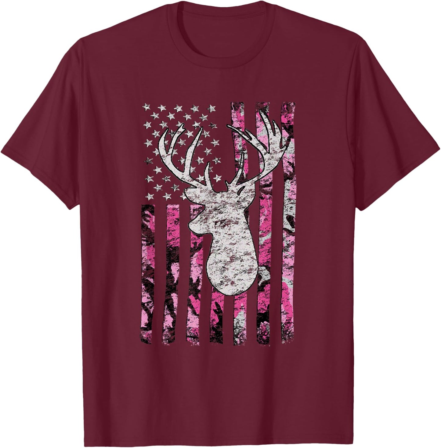 Deer Hunting Buck Pink Camouflage Flag T-Shirt - T-Shirt | Maroon