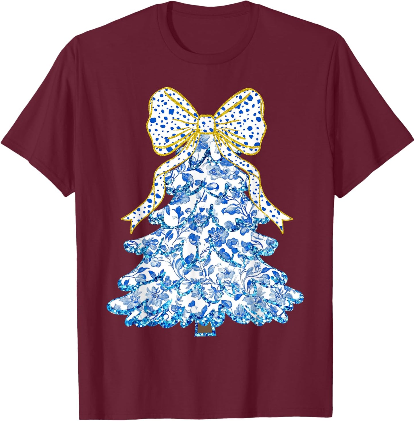 Blue Floral Coquette Bow Christmas Tree Chinoiserie Women T-Shirt - T-Shirt | Maroon