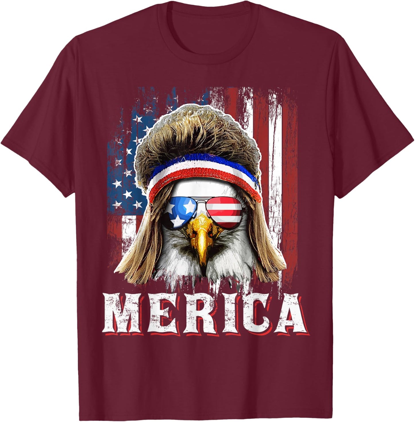 Merica Eagle Mullet 4th of July American Flag Stars Stripes T-Shirt - T-Shirt | Maroon