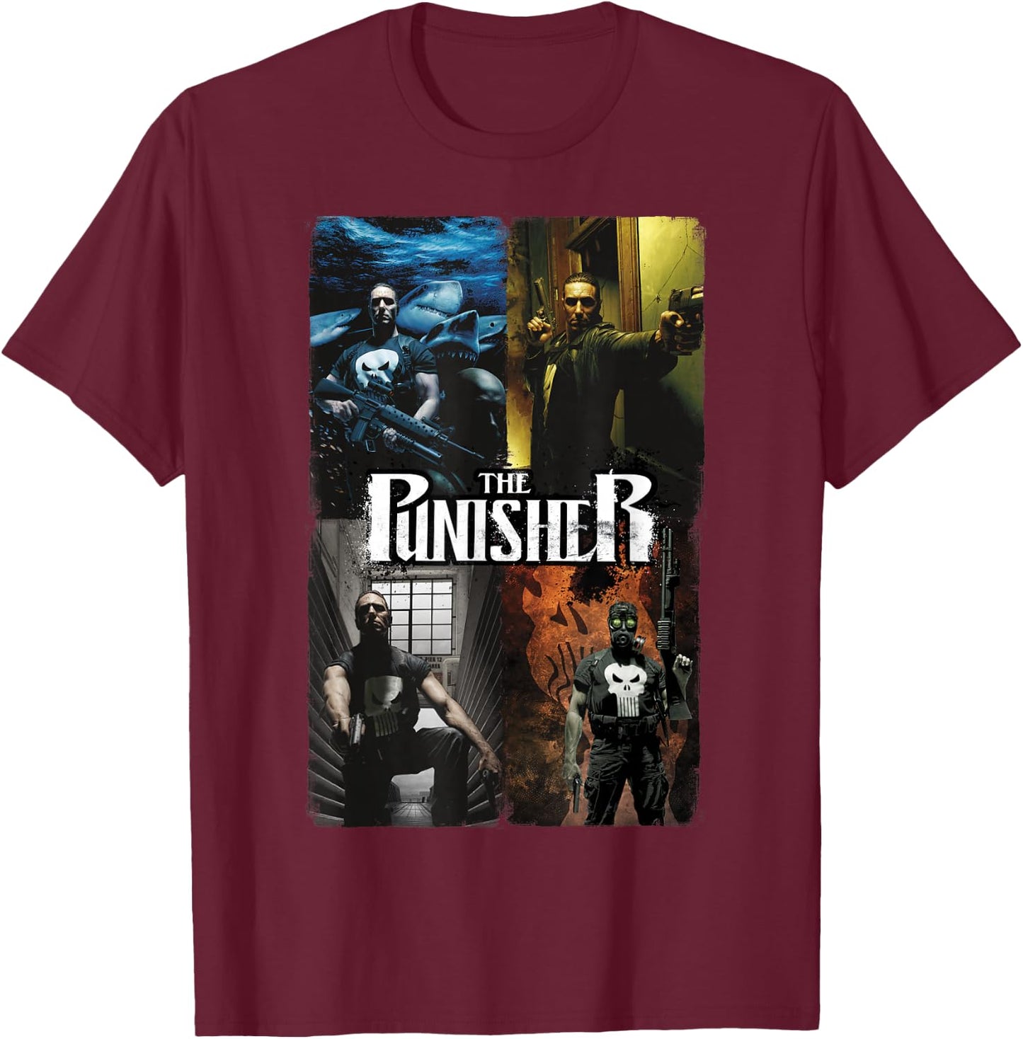 Marvel Comics Retro Classic The Punisher Panel Collage T-Shirt - T-Shirt | Maroon