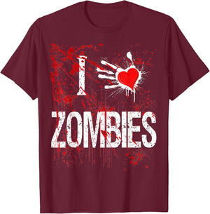 Halloween Custom I Love Zombies Heart Shirt T-Shirt - T-Shirt | Maroon