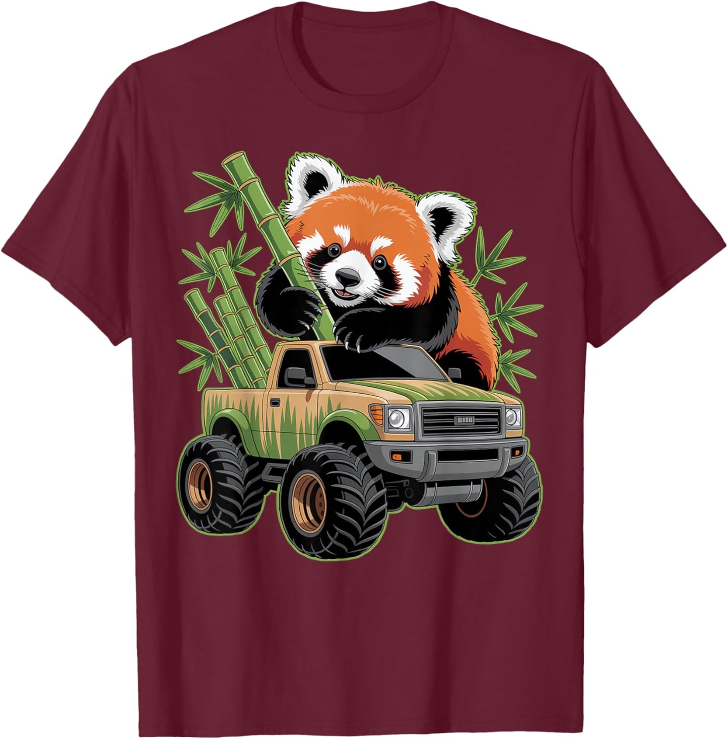 Cute Red Panda Monster Truck with Bamboo T-Shirt - T-Shirt | Maroon