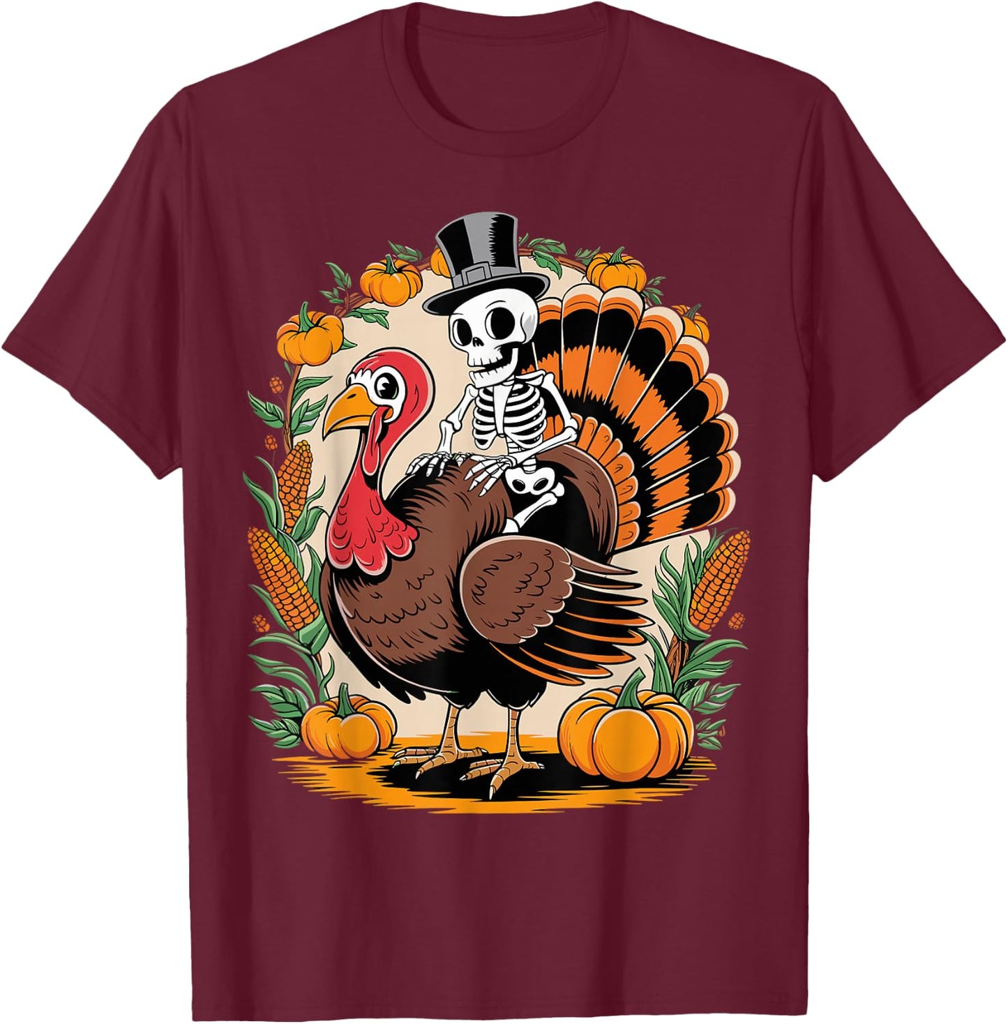 Skeleton Riding Turkey Thanksgiving Day Funny Fall Autumn T-Shirt - T-Shirt | Maroon