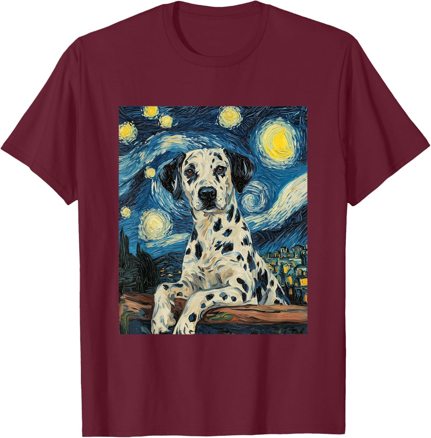 Cute Dalmatian Dog Doggy - Van Gogh Style - Starry Night T-Shirt - T-Shirt | Maroon