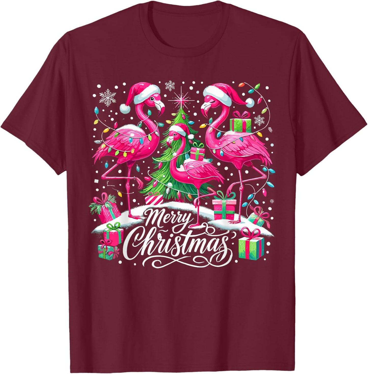 Merry Christmas Hat Santa Flamingo Christmas T-Shirt - T-Shirt | Maroon