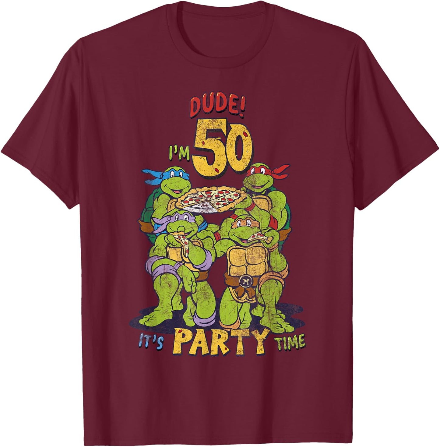 Teenage Mutant Ninja Turtles 50th Birthday Pizza Party T-Shirt - T-Shirt | Maroon