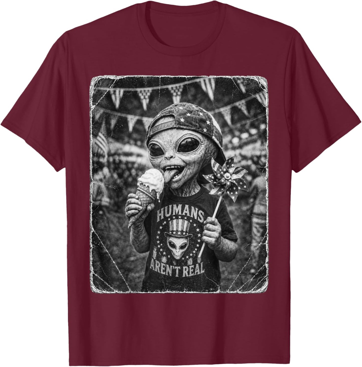 Retro Funny Alien Patriotic UFO American USA Flag 4th July T-Shirt - T-Shirt | Maroon