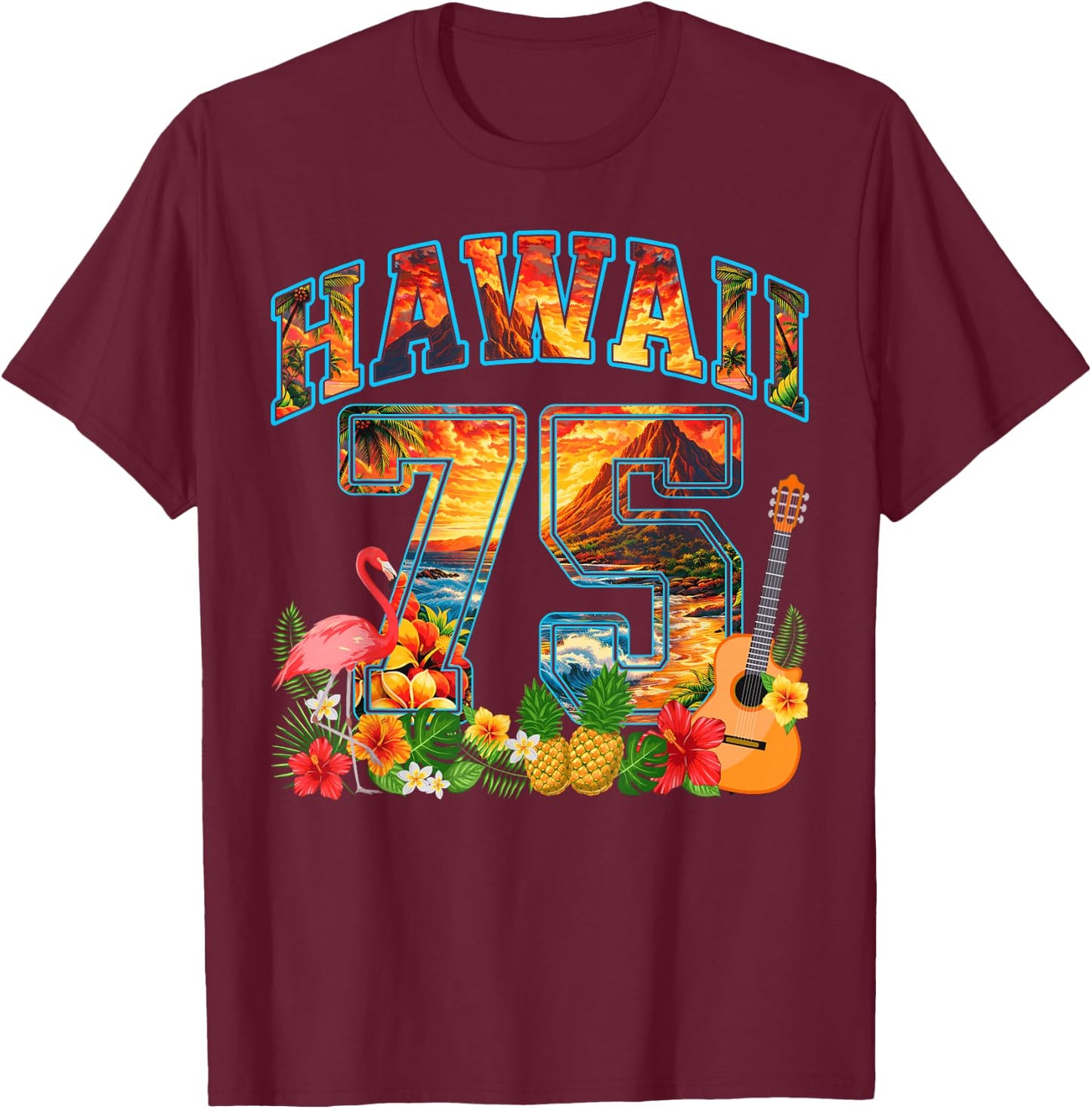 75th Birthday Party Hawaii Tropical Beach Summer Men Women T-Shirt - T-Shirt | Maroon