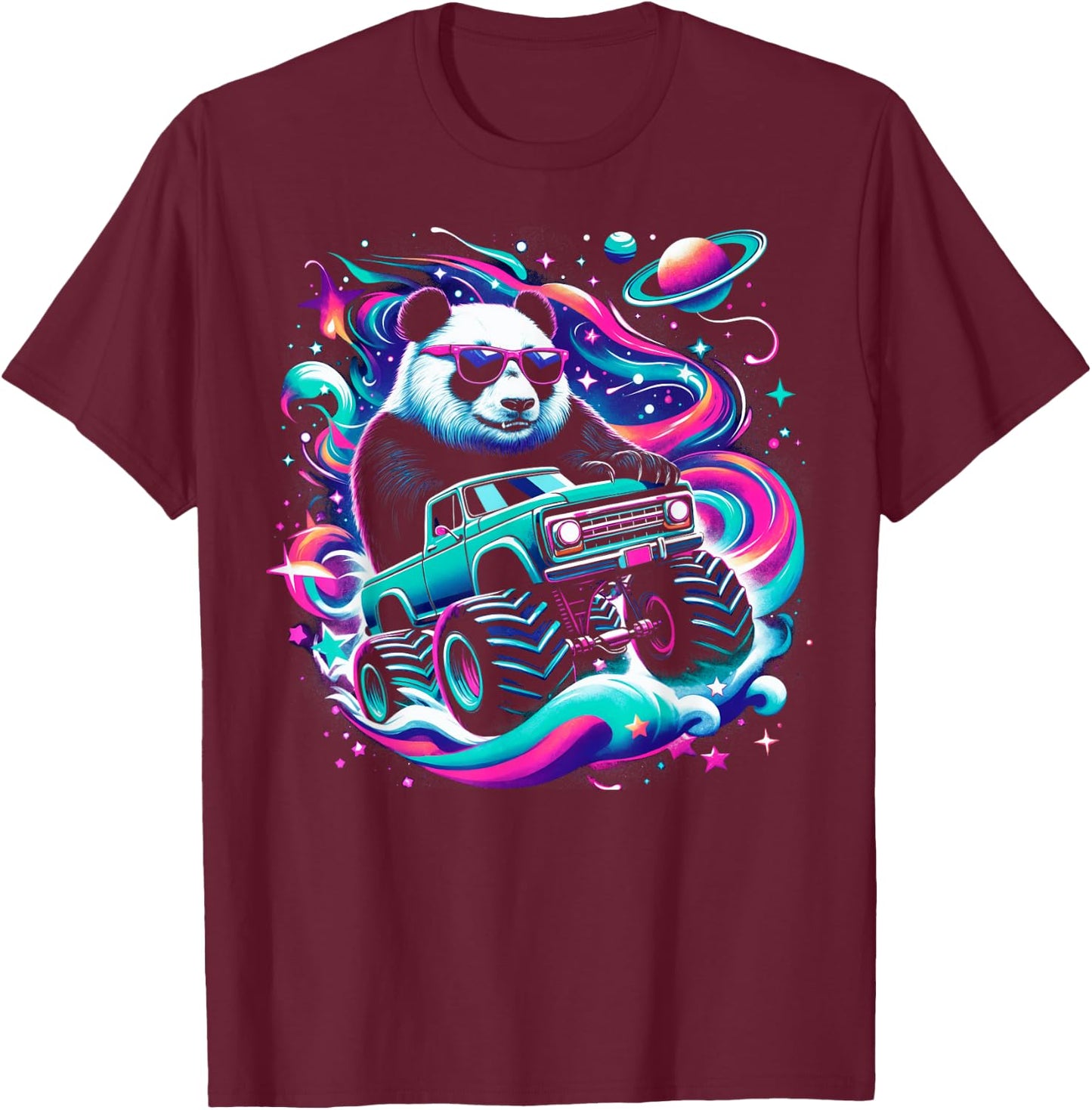 Cool Giant Panda Driving Monster Truck in Cosmic Space T-Shirt - T-Shirt | Maroon