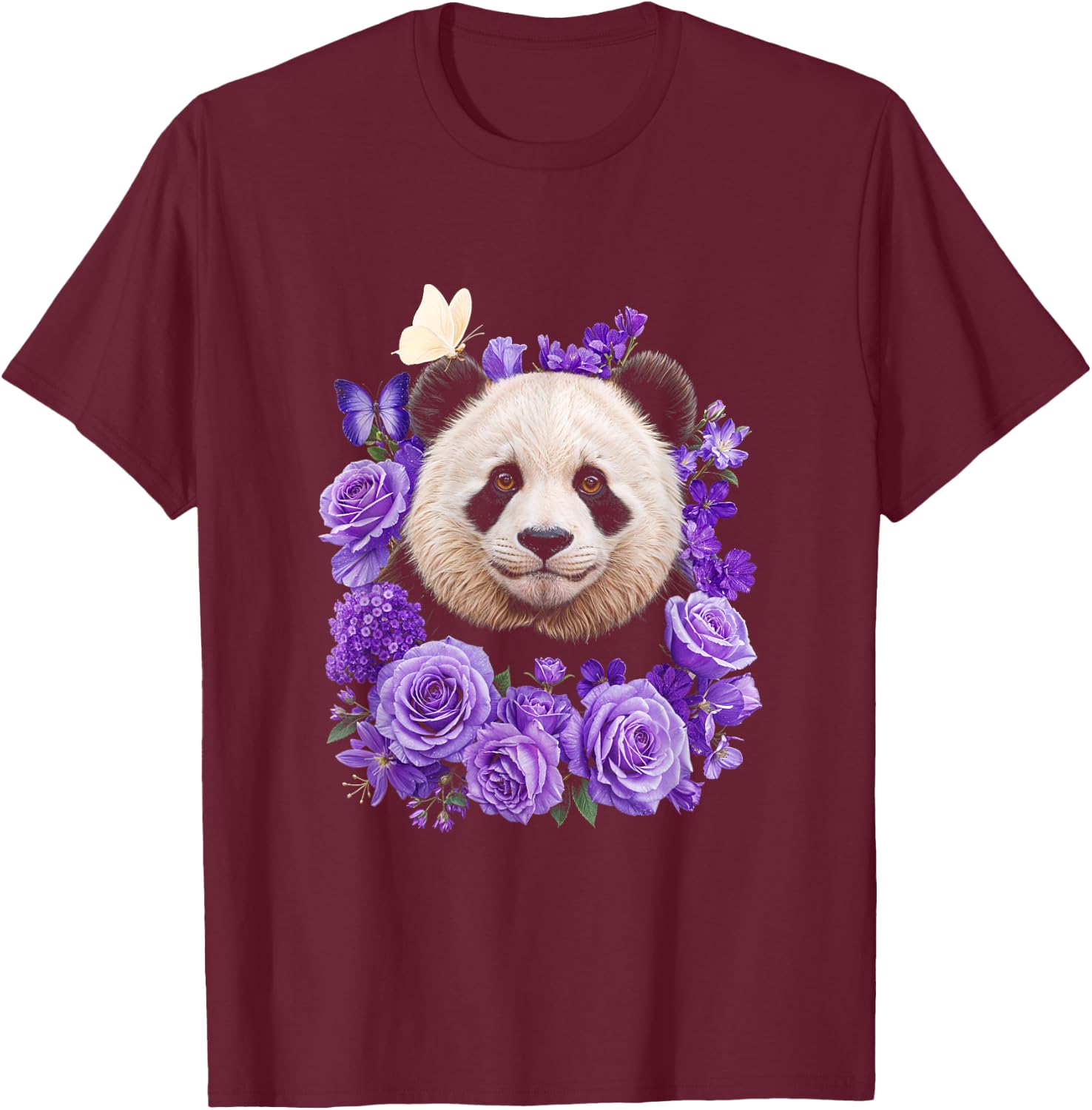 Panda Purple Flowers Animal Lovers T-Shirt - T-Shirt | Maroon