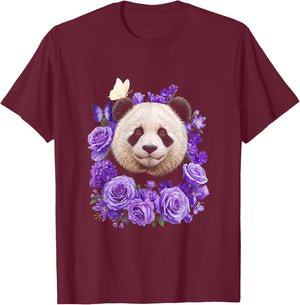 Panda Purple Flowers Animal Lovers T-Shirt - T-Shirt | Maroon