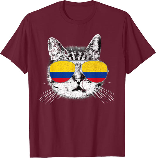Colombia Flag Cat Colombian Men Women Funny Pet Gift T-Shirt - T-Shirt | Maroon