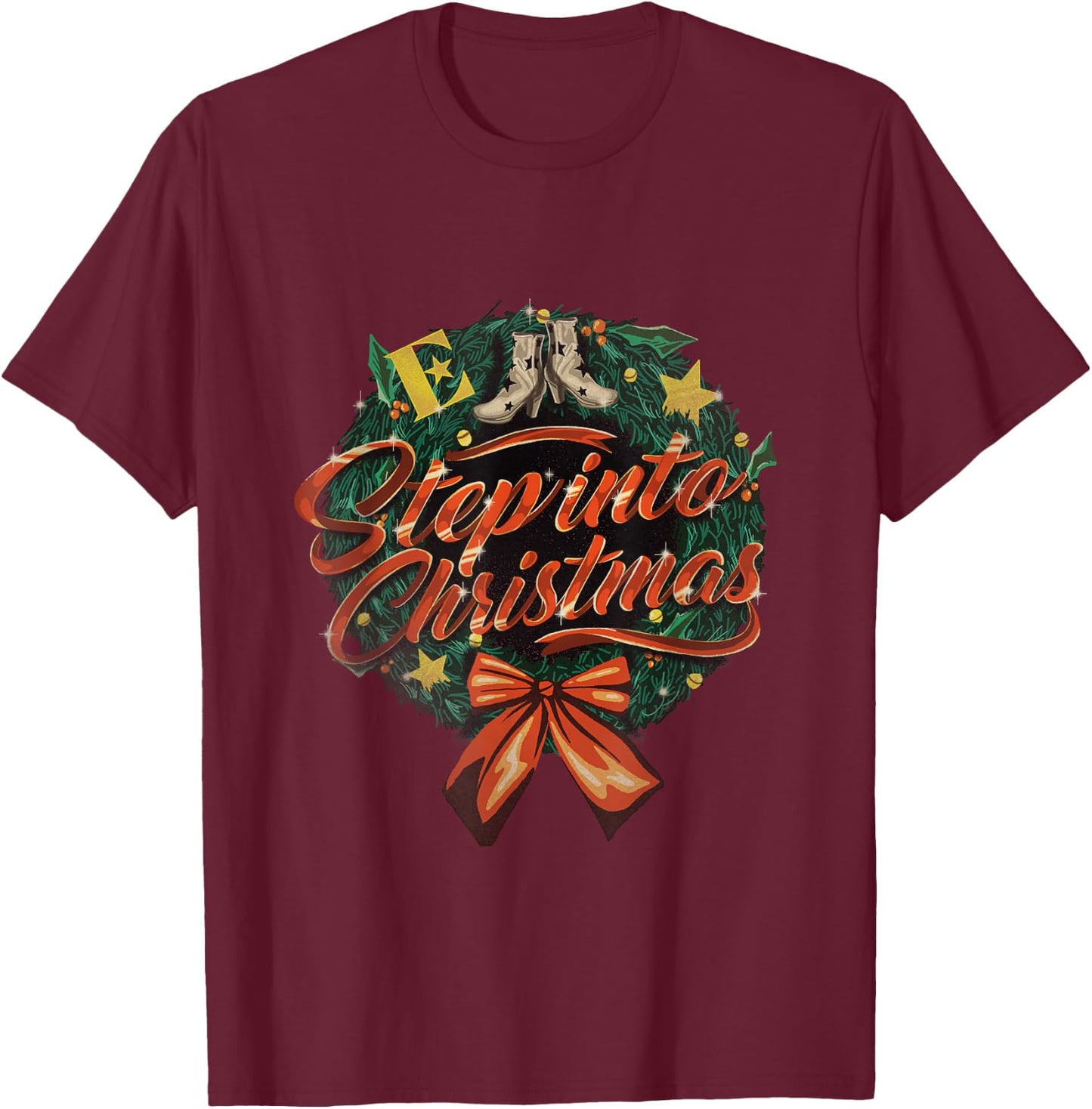 Elton John Official Step Into Christmas Wreath - -Adults, Black, Small, Short Sleeve T-Shirt - T-Shirt | Maroon