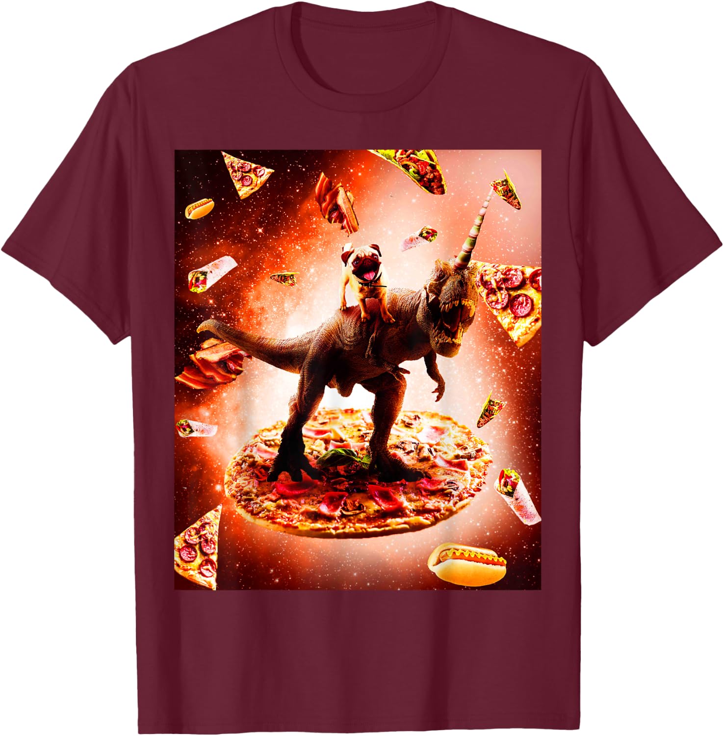Outer Space Pug Riding Dinosaur Unicorn - Pizza T-Shirt - T-Shirt | Maroon