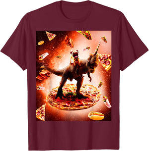 Outer Space Pug Riding Dinosaur Unicorn - Pizza T-Shirt - T-Shirt | Maroon
