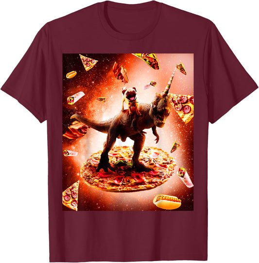 Outer Space Pug Riding Dinosaur Unicorn - Pizza T-Shirt - T-Shirt | Maroon
