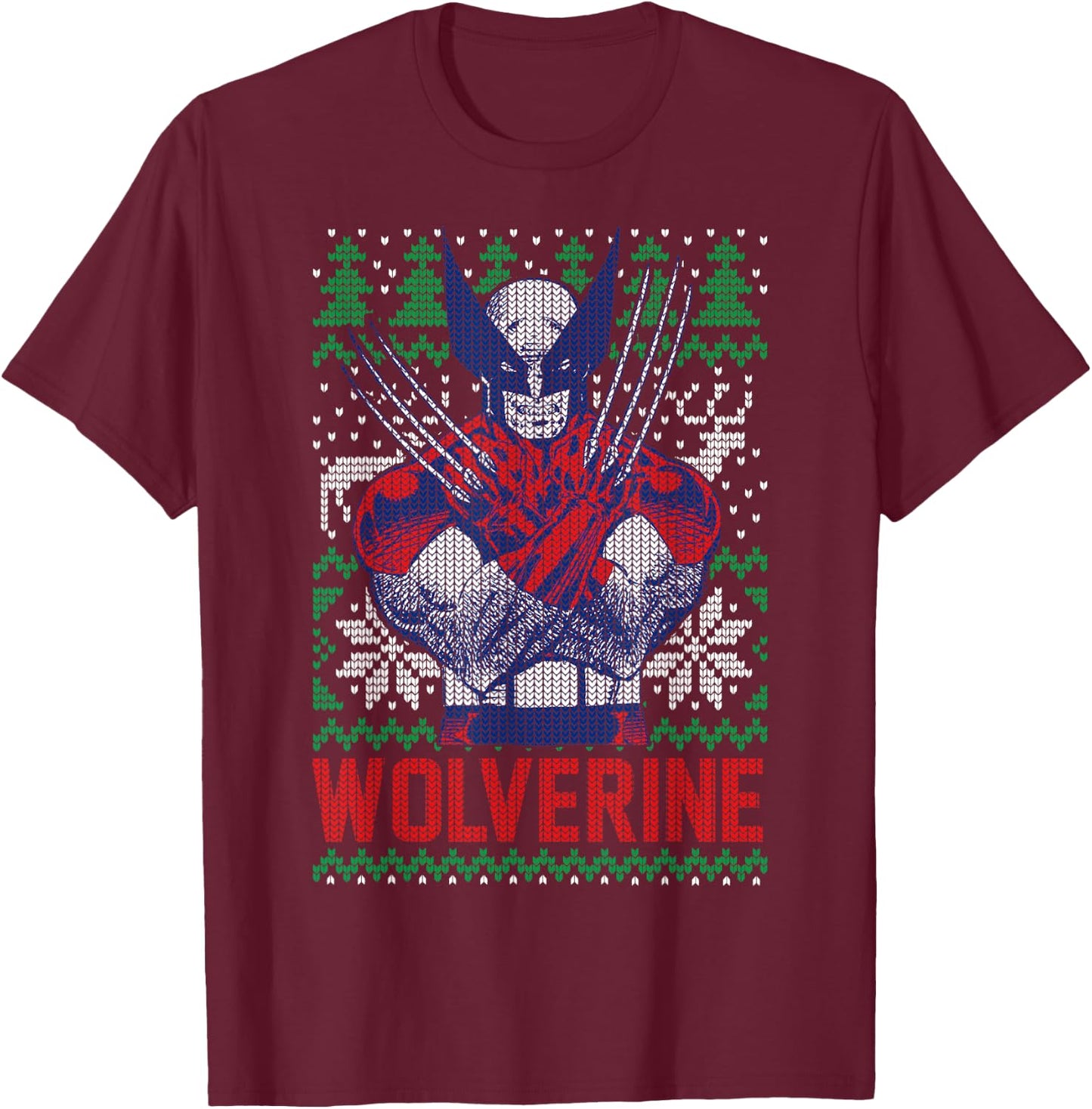 Marvel X-Men Wolverine Christmas Tree Ugly Sweater T-Shirt - T-Shirt | Maroon