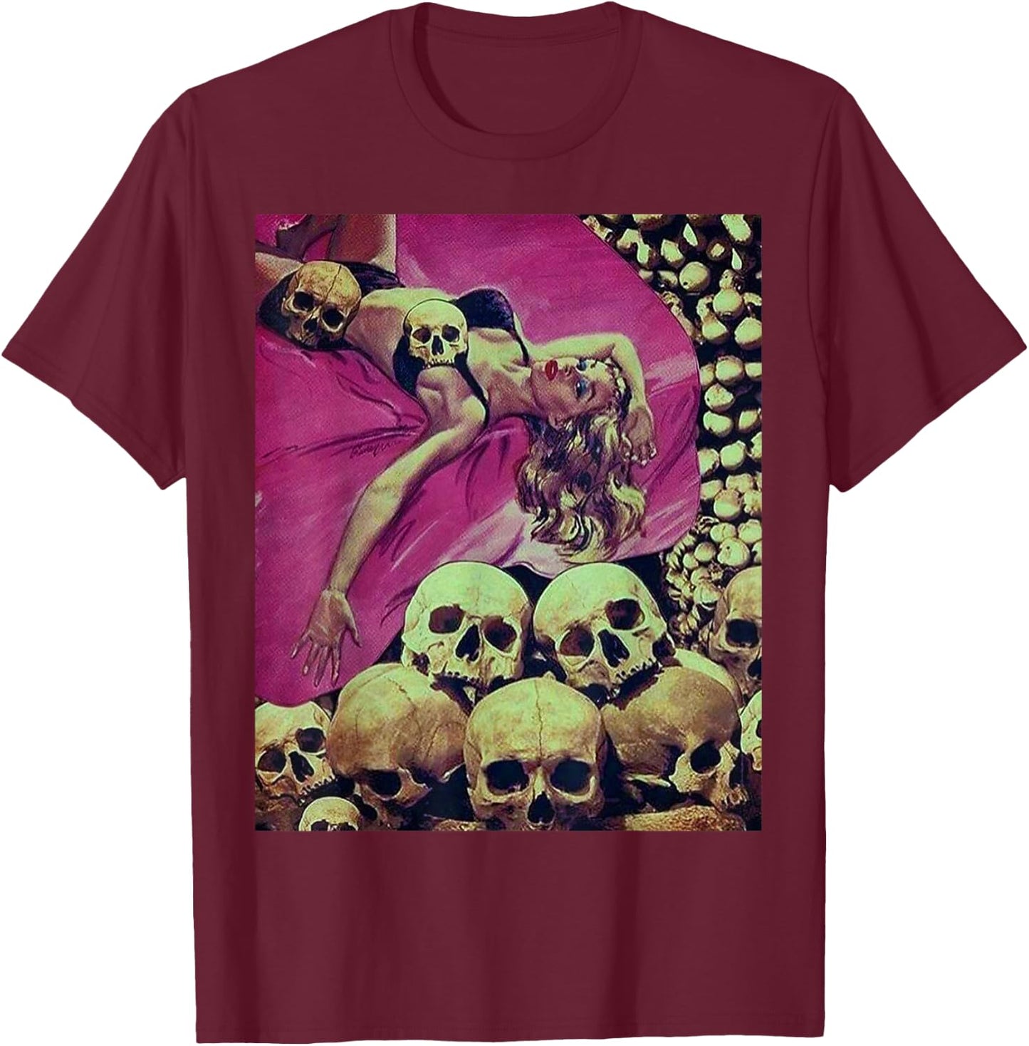 Pin Up Girl in a Bed of Skulls Sci Fi Sexy Horror Comic Book T-Shirt - T-Shirt | Maroon