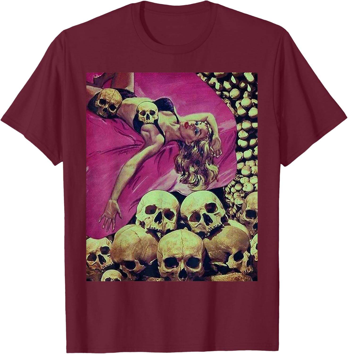 Pin Up Girl in a Bed of Skulls Sci Fi Sexy Horror Comic Book T-Shirt - T-Shirt | Maroon