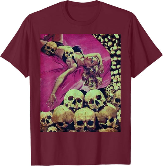 Pin Up Girl in a Bed of Skulls Sci Fi Sexy Horror Comic Book T-Shirt - T-Shirt | Maroon