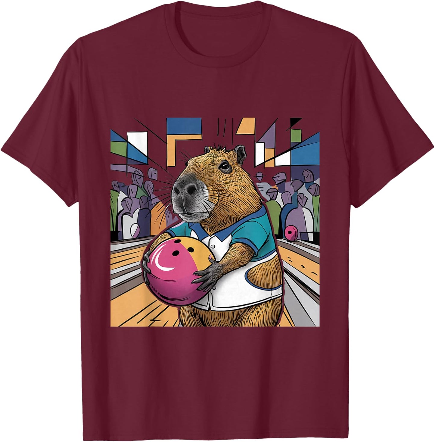 Smilefuntees Funny Capybara Bowling Sports Cartoon T-Shirt - T-Shirt | Maroon
