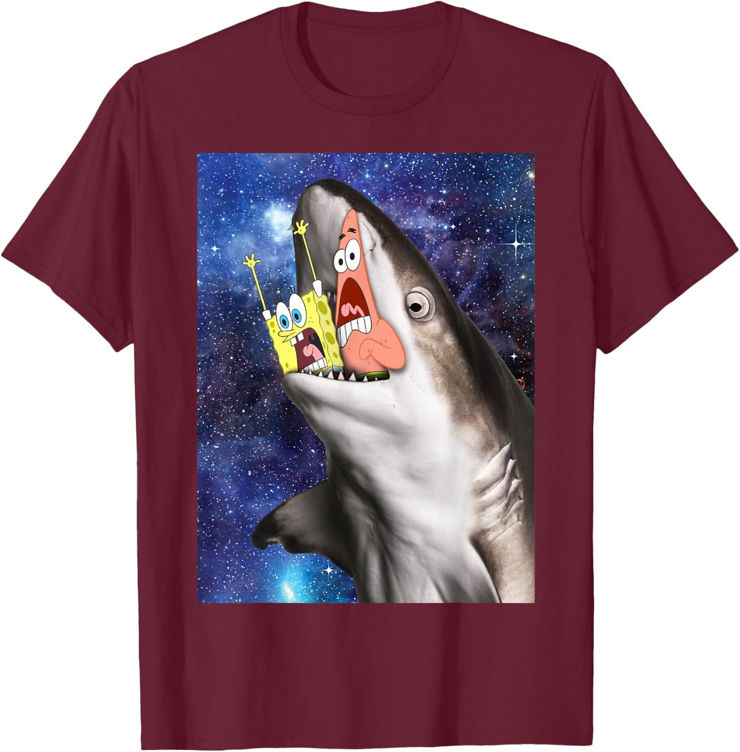 Spongebob And Patrick Shark Attack T-Shirt - T-Shirt | Maroon