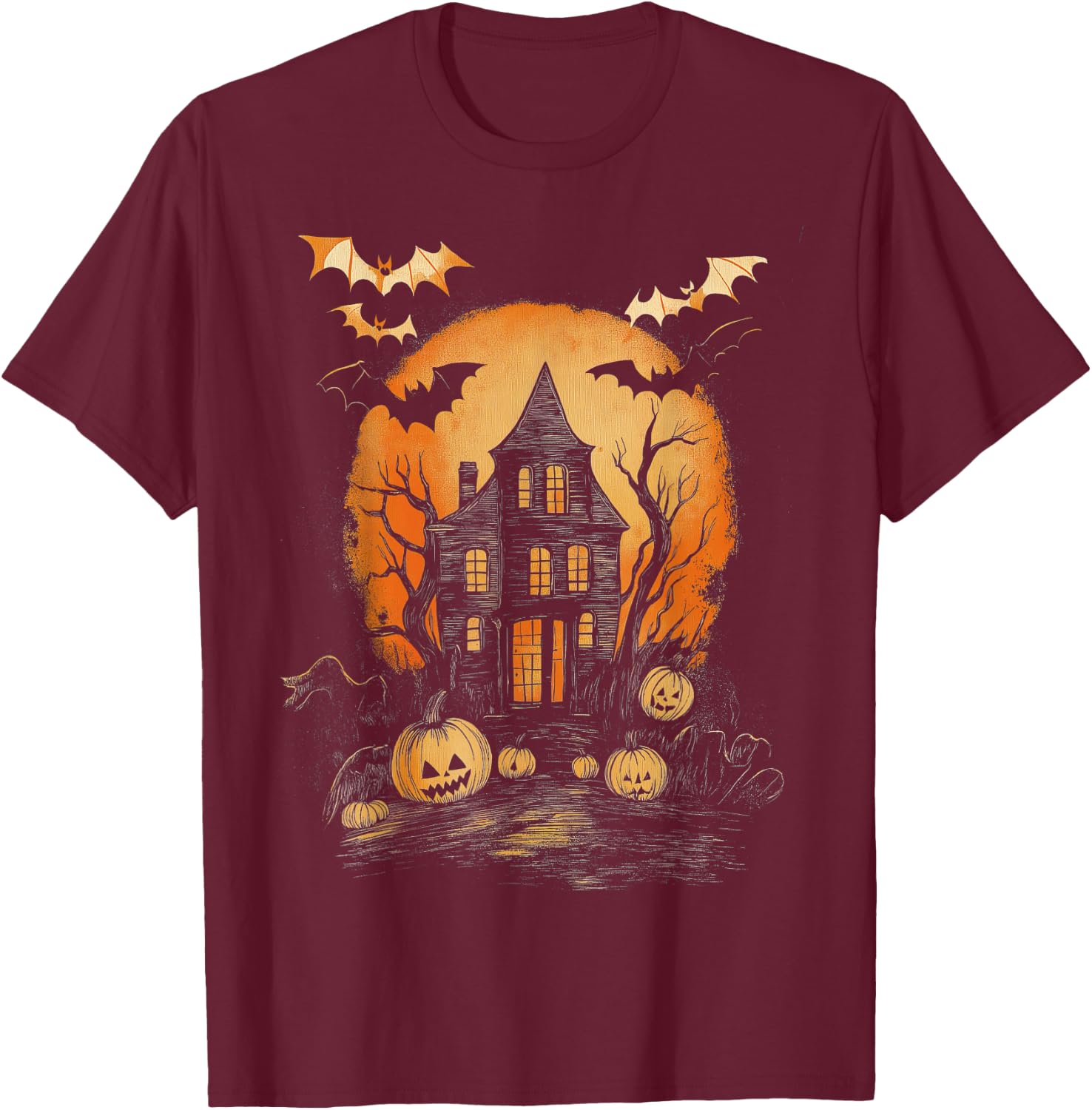Vintage Spooky Halloween Hunted House Night Casual Graphic T-Shirt - T-Shirt | Maroon