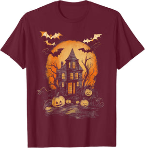 Vintage Spooky Halloween Hunted House Night Casual Graphic T-Shirt - T-Shirt | Maroon