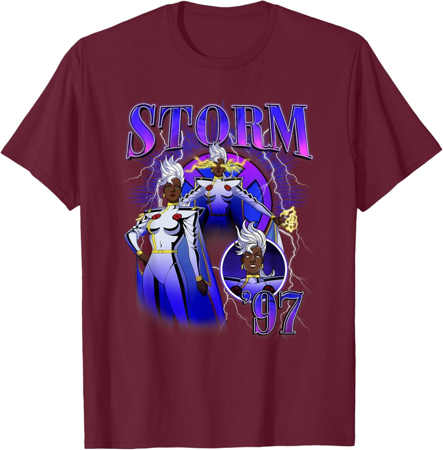 Marvel X-Men '97 Storm Ororo Munroe Lightning Bolt Retro T-Shirt - T-Shirt | Maroon