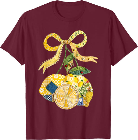Summer Vacation Lemon Patchwork Coquette Bow Hawaii Beach T-Shirt - T-Shirt | Maroon