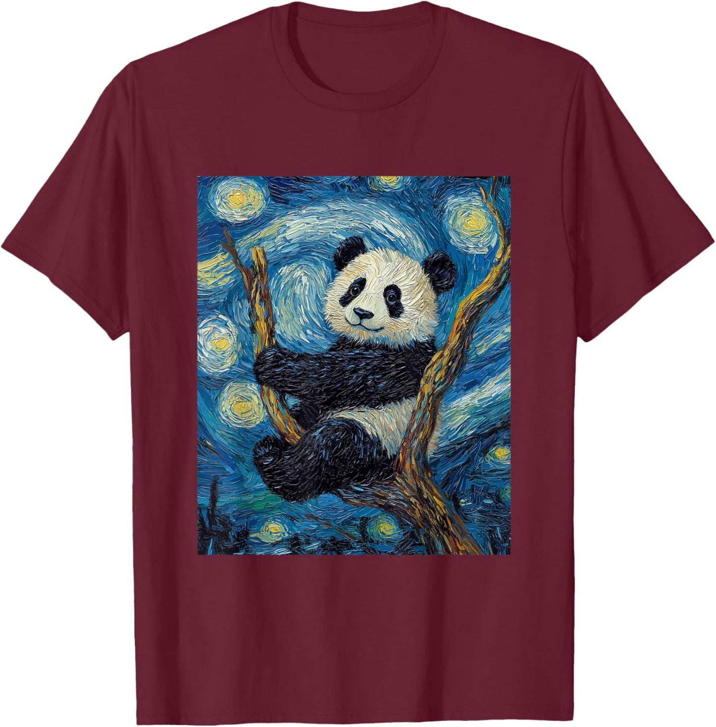 Cute Panda Bear - Van Gogh Style - Starry Night Graphic T-Shirt - T-Shirt | Maroon