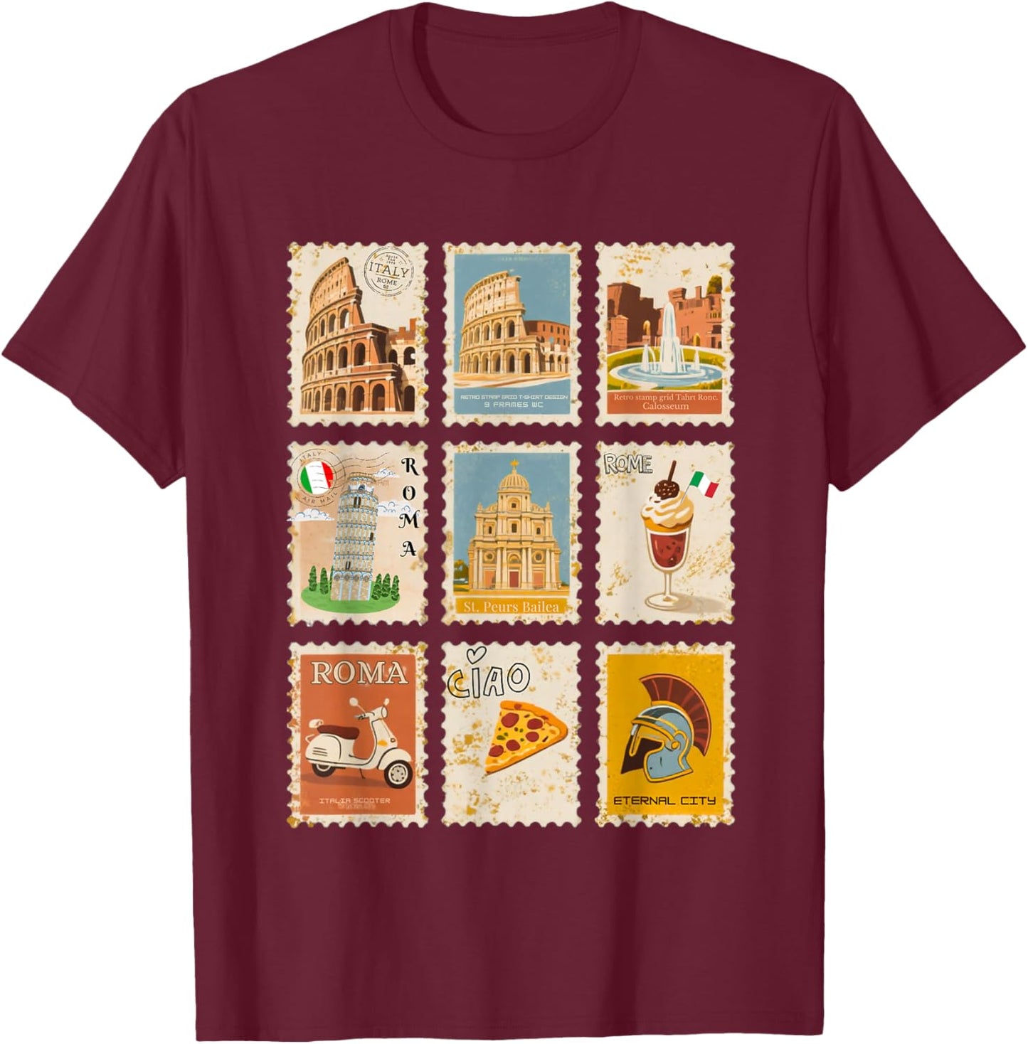 Italian Heritage Rome Landmarks Retro Vintage Stamps T-Shirt - T-Shirt | Maroon