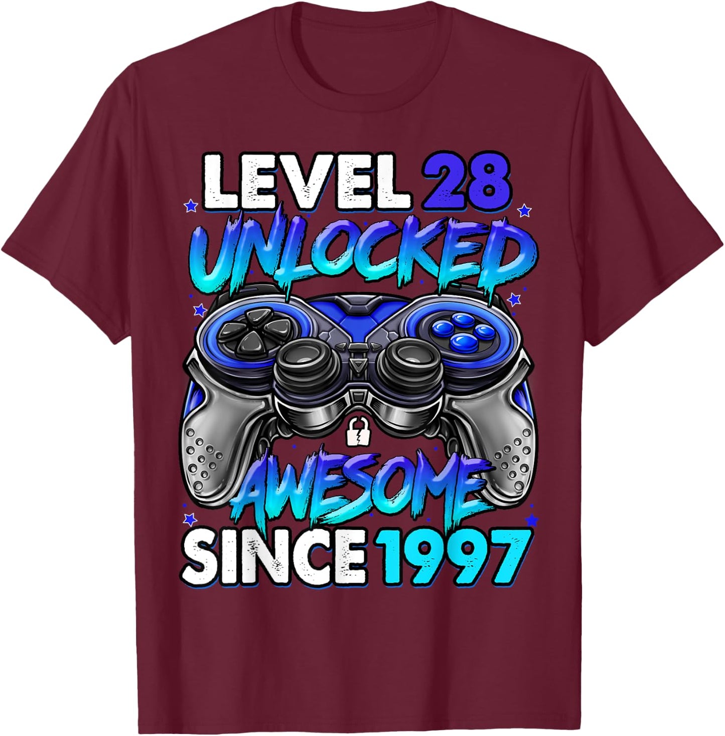Level 28 Unlocked Awesome Since 1997 28th Birthday Gaming T-Shirt - T-Shirt | Maroon