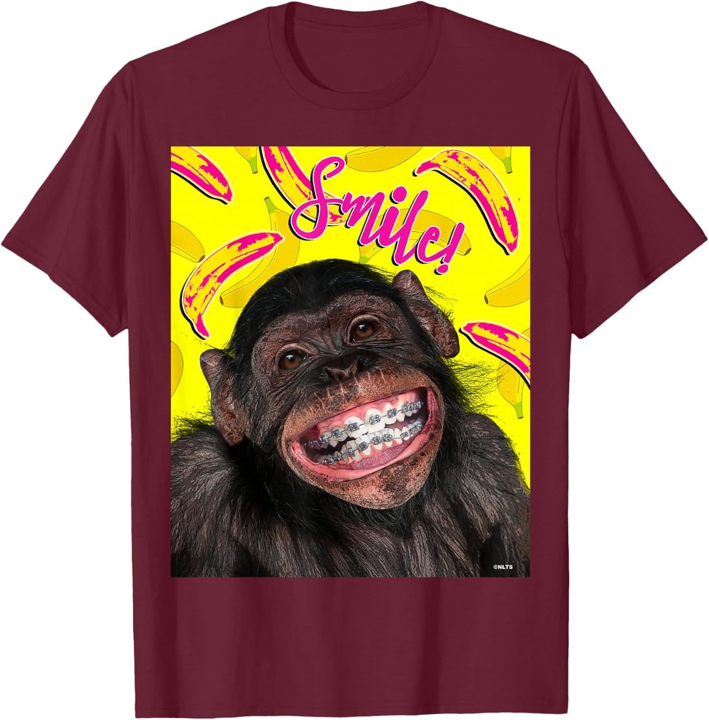 Smile! Smiling chimpanzee with braces Funny Humor T-Shirt - T-Shirt | Maroon