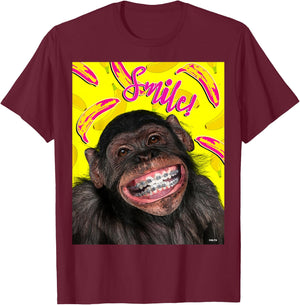 Smile! Smiling chimpanzee with braces Funny Humor T-Shirt - T-Shirt | Maroon