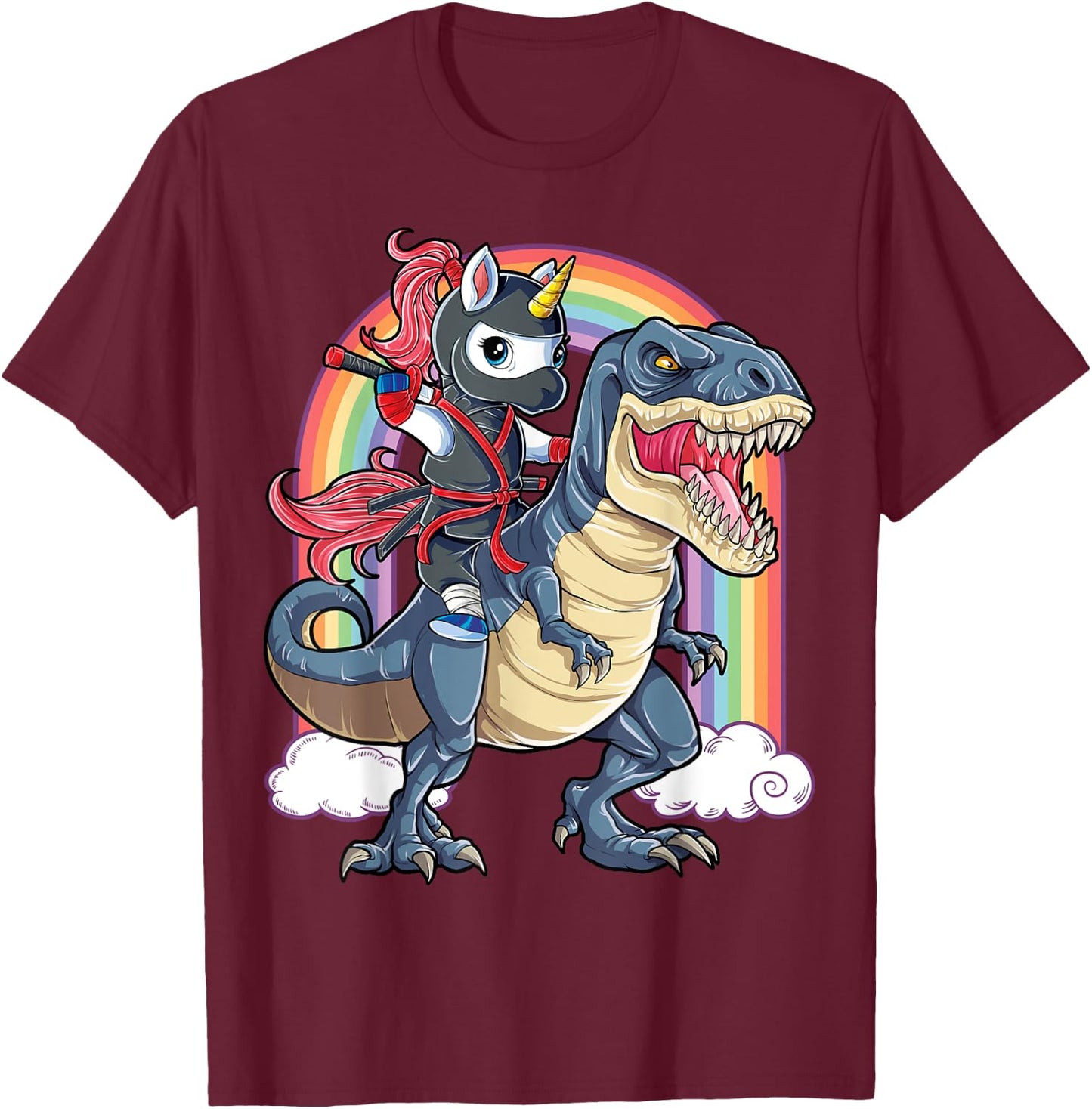 Ninja Unicorn Riding Dinosaur T Rex Funny Men Women Rainbow T-Shirt - T-Shirt | Maroon