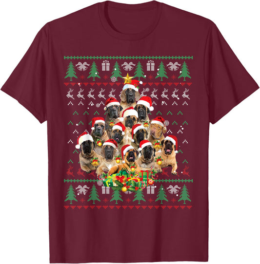 English Mastiff Christmas Tree Ugly Sweater Dog Xmas Women Kids T-Shirt - T-Shirt | Maroon