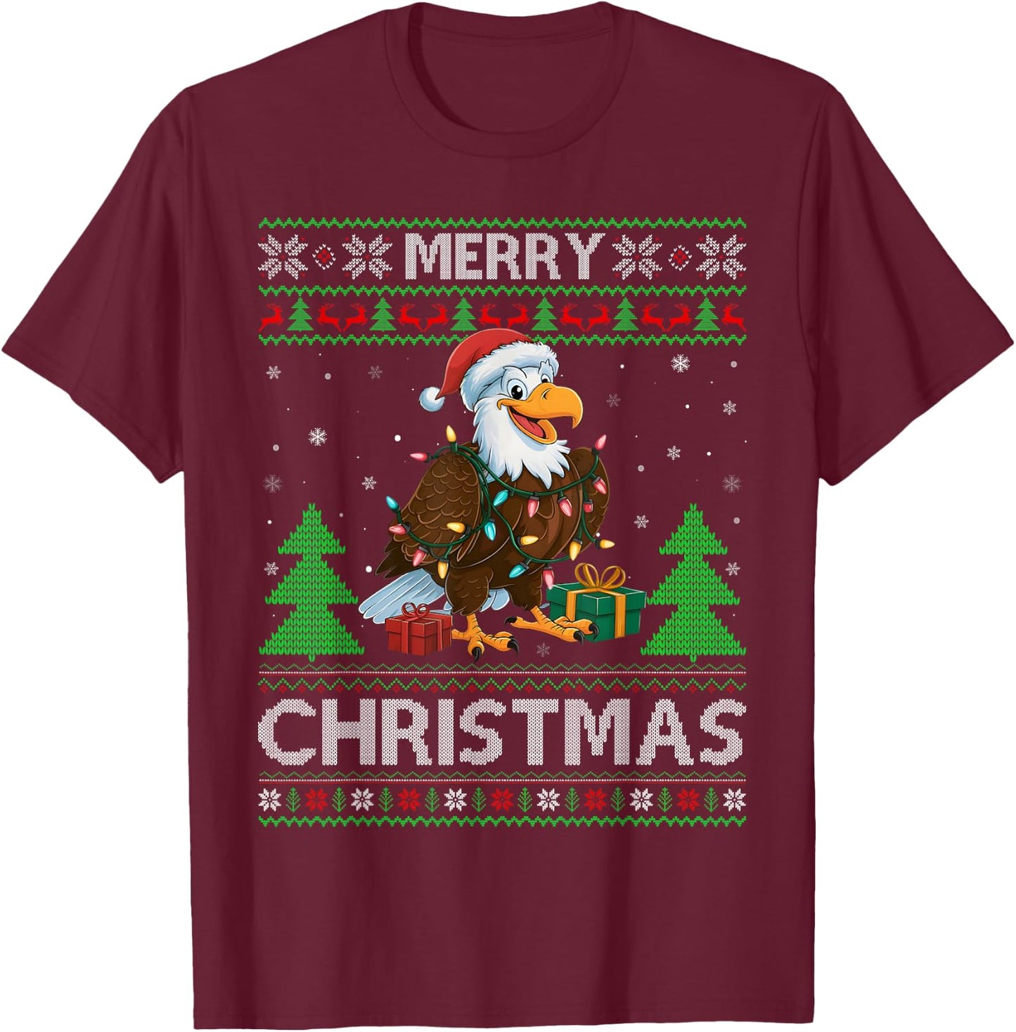 Ugly Xmas Sweater Style Lights Santa Eagle Christmas T-Shirt - T-Shirt | Maroon