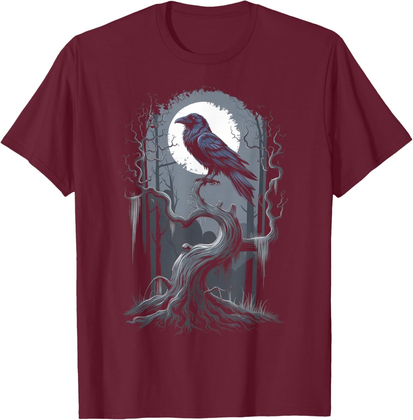 Black Crow Raven Bird Moon Forest T-Shirt - T-Shirt | Maroon