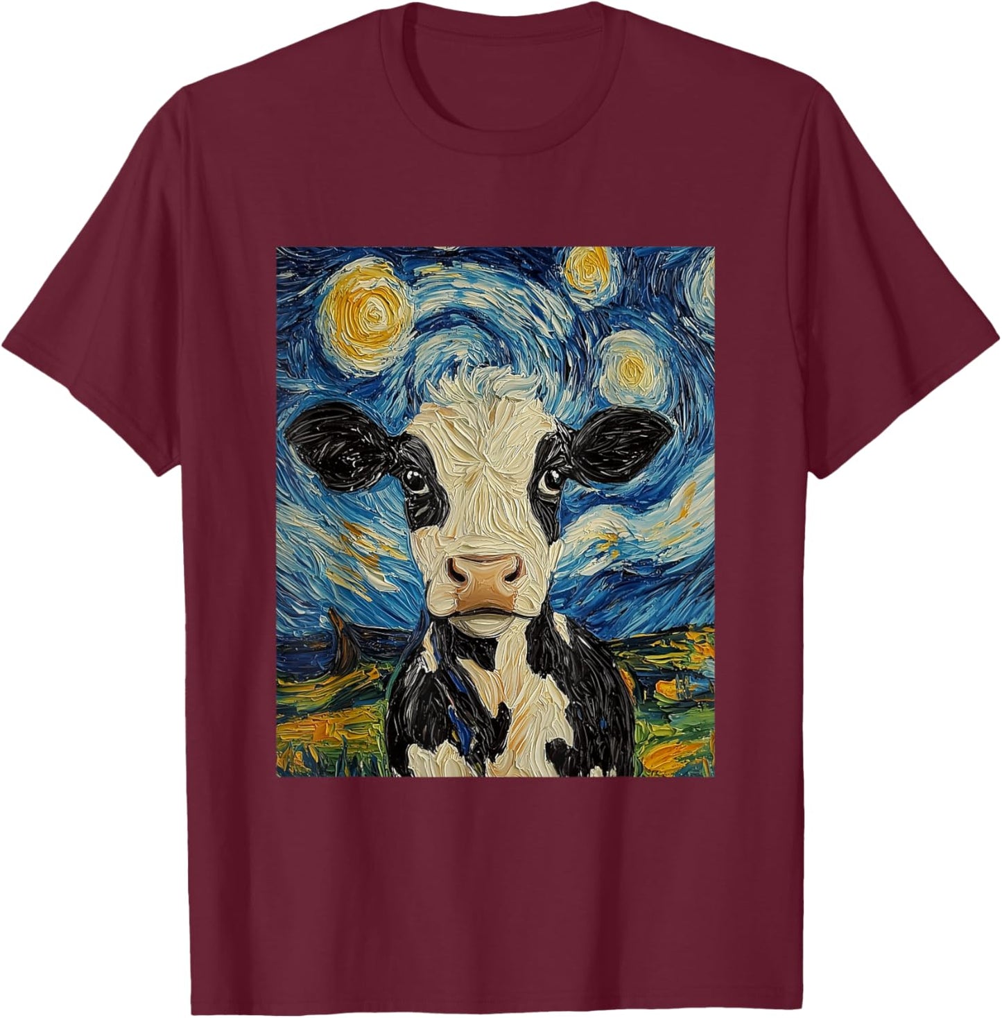Cow Van Gogh Style Starry Night Funny Graphic T-Shirt - T-Shirt | Maroon