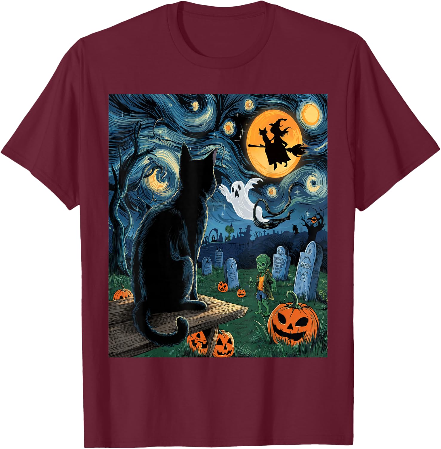 Halloween Van Gogh Starry Night Black Cat Pumpkins Witch T-Shirt - T-Shirt | Maroon