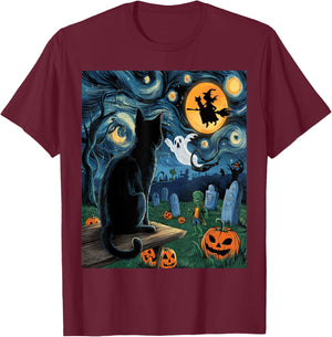 Halloween Van Gogh Starry Night Black Cat Pumpkins Witch T-Shirt - T-Shirt | Maroon