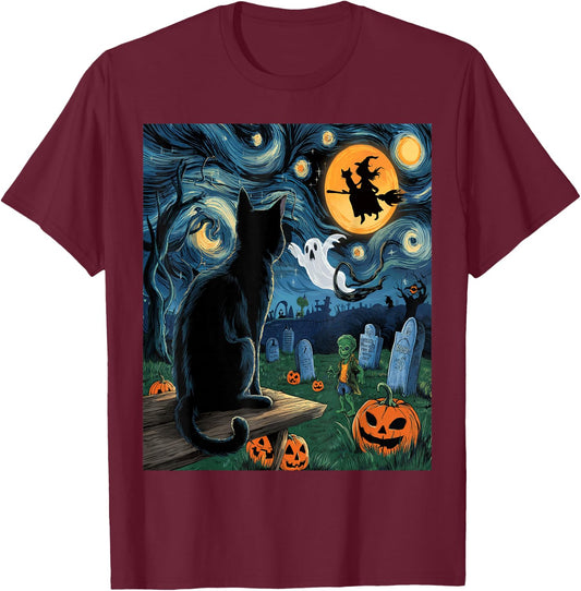 Halloween Van Gogh Starry Night Black Cat Pumpkins Witch T-Shirt - T-Shirt | Maroon