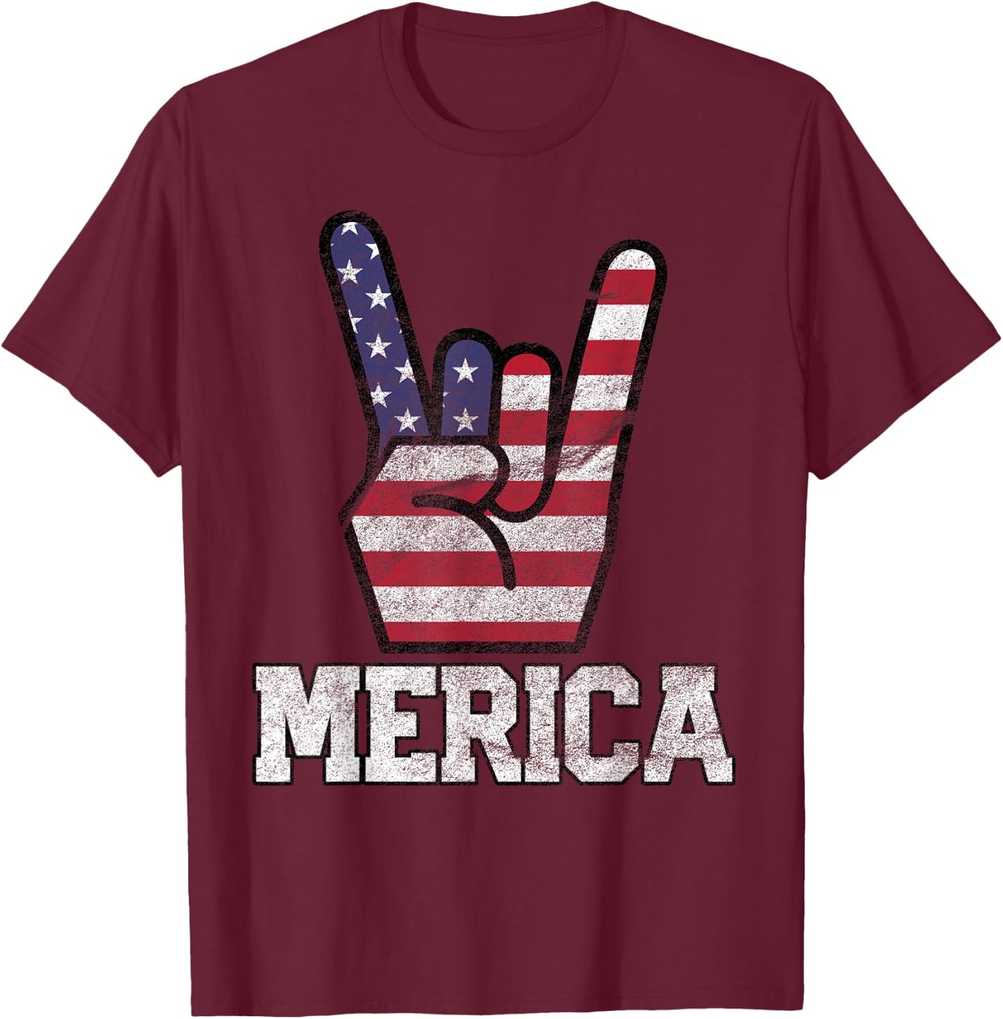 Merica Rock Sign 4th of July Vintage American Flag Retro USA Small T-Shirt - T-Shirt | Maroon