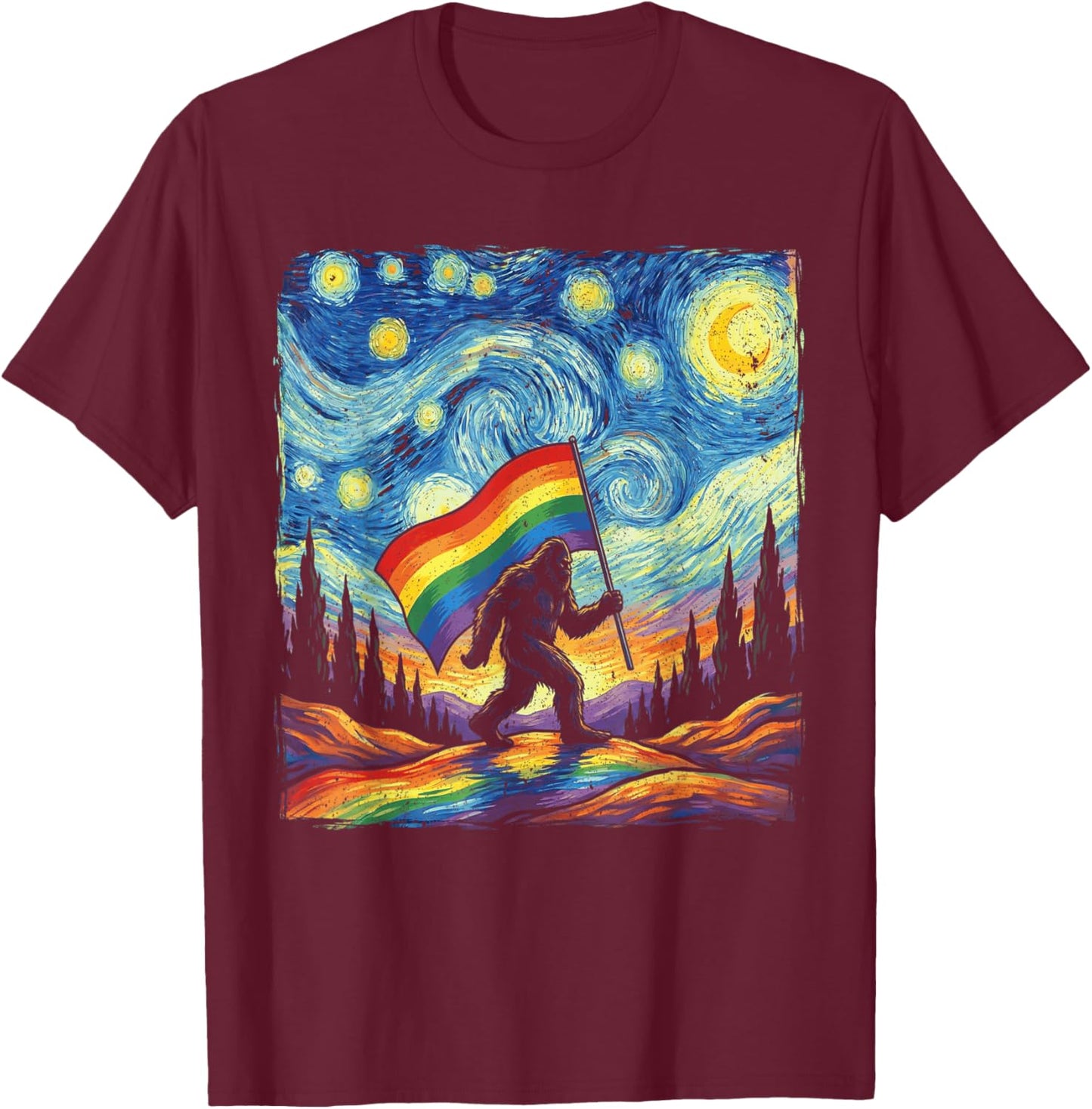 Bigfoot Starry Night Sasquatch Gay Pride LGBT Support T-Shirt - T-Shirt | Maroon