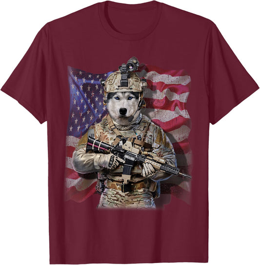 USA Patriot Siberian Husky Dog as Army Commando T-Shirt - T-Shirt | Maroon