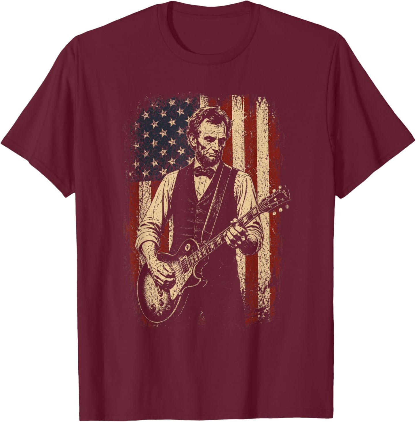 Abraham Lincoln Abe Lincoln Playing Guitar American Flag T-Shirt - T-Shirt | Maroon