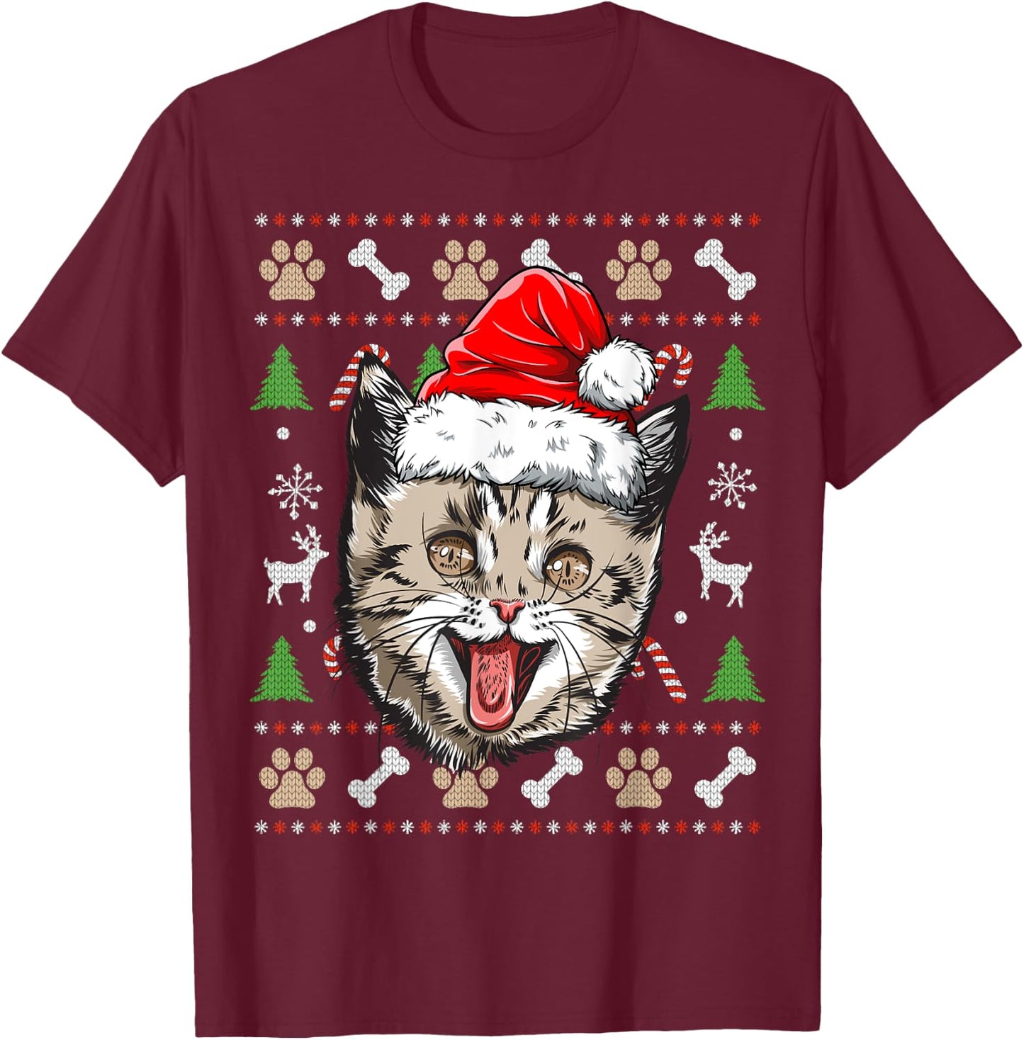 Cat Ugly Christmas Santa Hat Xmas Boys Kids Girls Catmas T-Shirt - T-Shirt | Maroon