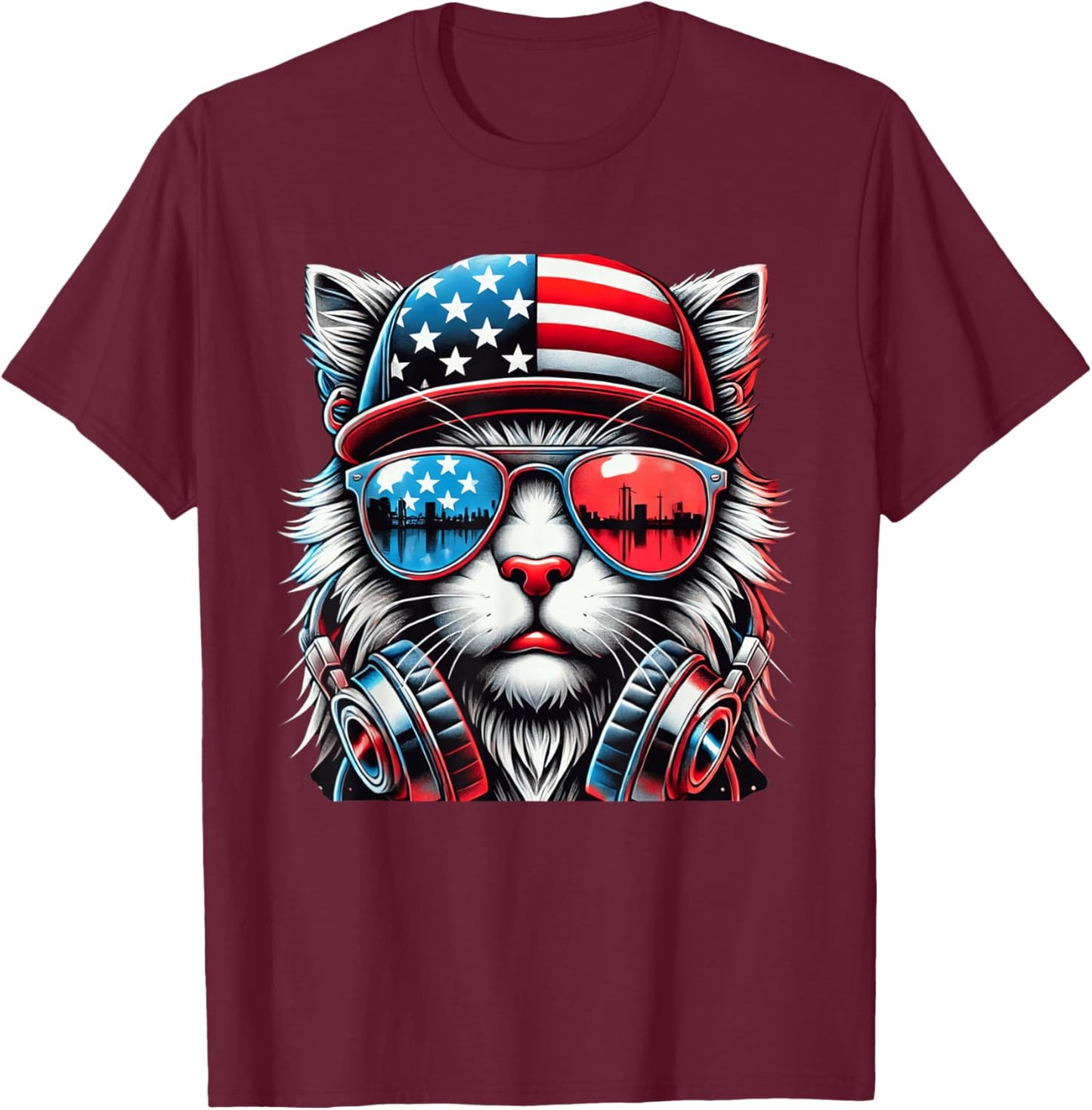 4th of July Cat USA Flag Patriotic Funny Men Boys Kids T-Shirt - T-Shirt | Maroon